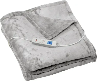 A folded gray electric blanket with a controller attached.