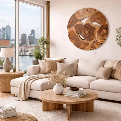 Produktbild von Wand-Deko aus Teakholz BAGIAN rund 80 cm Unikat Wandbild