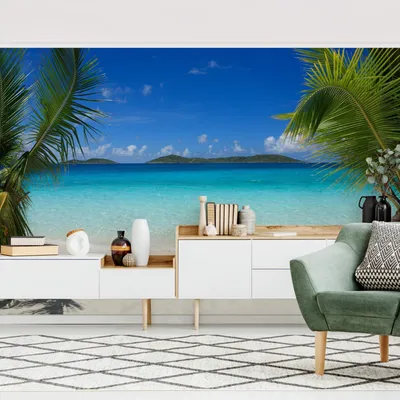 Produktbild von Fototapete Strand - Vliestapete - Bildtapete UV-beständig Palme türkis 3D-Effekt Tropisch Wandtapete geruchsfrei