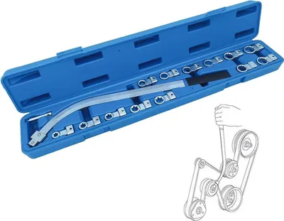 Immagine prodotto di Set di attrezzi universale per il tensionamento delle cinghie - Set di chiavi per rulli di tensionamento - 15 pezzi - Torx E10–E18 - Per cinghie trapezoidali e cinghie dentate - Per riparazioni automobilistiche - Con valigetta di trasporto