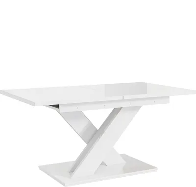 A white high-gloss dining table with an extendable top and a pedestal base.
