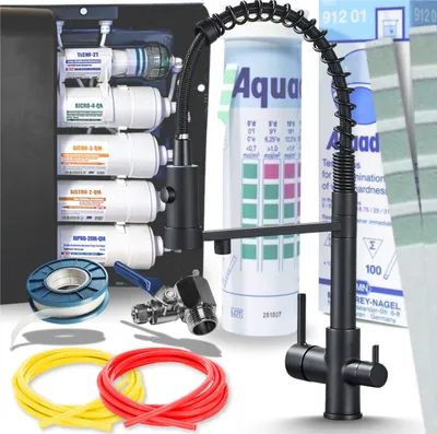 Obrázek produktu pro 3cestná kuchyňská baterie Ari Solid Spring s přípojkou pro filtr vody, dvěma vylevkami, keramickou kartuší, černá matná