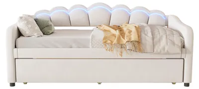 Produktbild von okwish Schlafsofa Daybett 90x200cm mit Ausziehbarem Unterbett 90x190cm und Lattenrost, Tagesbett Kinderbett Jugendbett mit farbwechselndes Umgebungslich(Ohne Matratze)- Beige