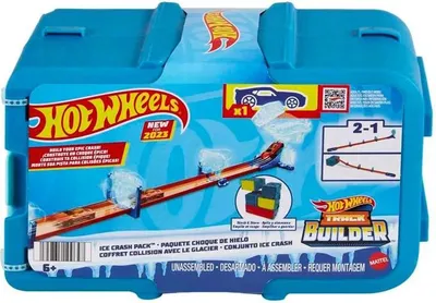 The image shows the packaging of a Hot Wheels Track Builder Ice Crash Pack.