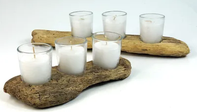 Produktbild von Kerzenleuchter Treibholz mit 3 Kerzengläsern, Treibholz,Glas, 8*10*25 cm, Teelichthalter & Kerzenhalter