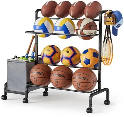Produktbild von Multifunktionales und verstellbares Ballenkorb mit Aufbewahrungsraum und Haken für Sportausrüstung