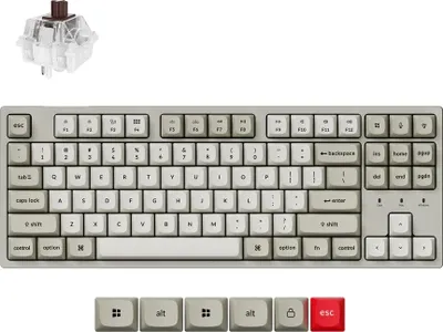 A mechanical keyboard and a keyboard switch are shown against a white background.