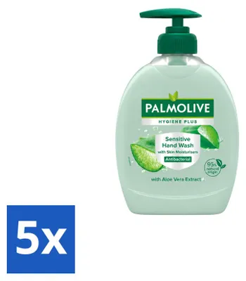 Imagen del producto de 5 unidades de jabón líquido para manos Palmolive Hygiene Plus Sensitive, con aloe vera, de 300 ml cada uno. Paquete económico