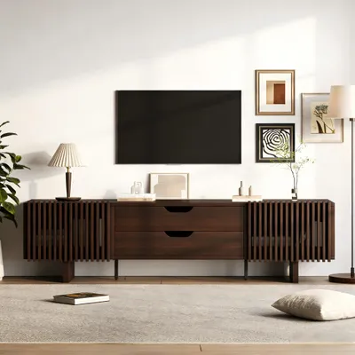 Image de Support TV, 180x40x45, 2 tiroirs, portes de meuble uniques, meuble bas, meuble de salon, pour téléviseur 75 pouces