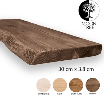 A wooden shelf with a live edge, displayed on a white background with color swatches and text indicating dimensions and brand.