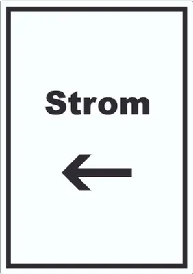 Produktbild von Strom Aufkleber mit Text und Richtungspfeil links Anschluss hochkant A9 (37x52mm)