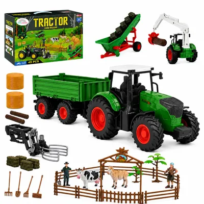 Zdjęcie produktu dla Duży Zestaw Farma Traktor z Przyczepą Maszyny Rolnicze Figurki Zwierząt 45el