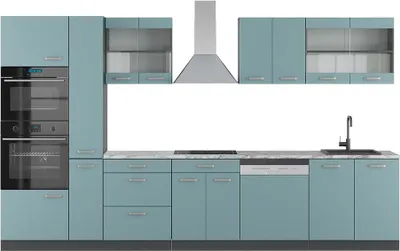 Image de Cuisine Vicco R-Line Bleu-gris/anthracite 350cm avec armoire haute, PT Marbre, Model 49821