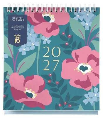 Image de Busy B – Calendrier de bureau 2027 – Motifs floraux turquoise – Avec support, couvercle rabattable et compartiments