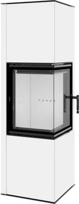 A white corner fireplace with a black frame and glass doors.