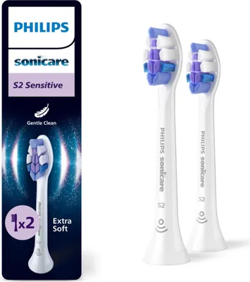 A package of Philips Sonicare S2 Sensitive toothbrush heads, with two brush heads shown separately.