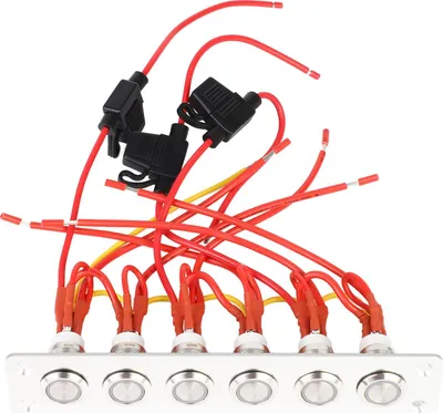 Produktbild von Vorverdrahtetes 6-Gang-Drucktastenschalterfeld mit blauen LED-Leuchten für das 12- bis 24-V-Gleichstromsystem von Autos, Wohnmobilen und Yachten