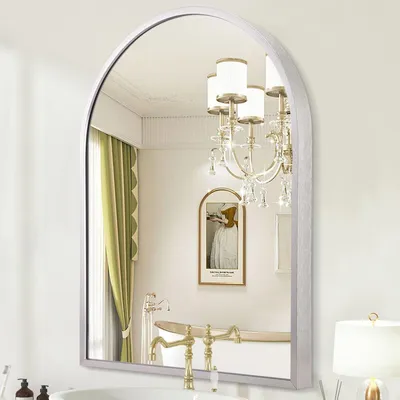 Productafbeelding van Spiegel voor aan de muur, met een gebogen metalen frame in zilver, afmetingen 65 x 45 cm, met HD-glas