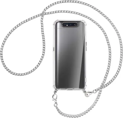 Produktbild von Handykette Backcover-Schutzhülle mit Band (Metall silberfarben) für Samsung Galaxy A80 - silberfarbene Kette
