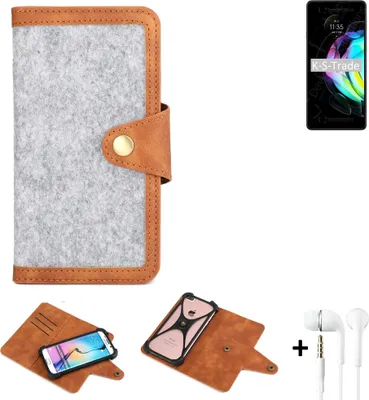 Produktbild von K-S-Trade Handyhülle + Kopfhörer kompatibel mit Motorola Edge 20 Schutzhülle Filz Hülle Kunstleder hellgrau braun (1x)