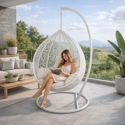 Produktbild von Hängesessel mit Gestell Rattan Korb Hängekorb Polyrattan Gartensessel Weiß