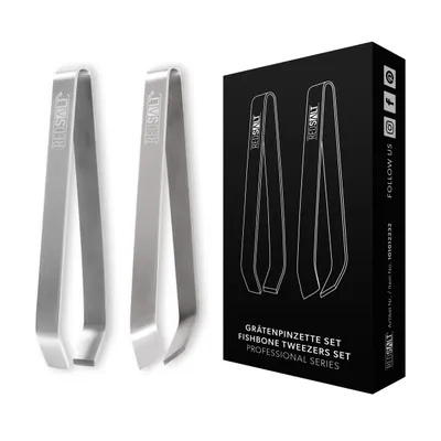 A product shot of two silver tweezers next to their black packaging.