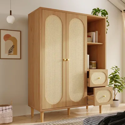 Produktbild von Merax Kleiderschrank in Landhausstil mit Kleiderstange, Schlafzimmerschrank mit 2 Türen, 2 Schubladen und offene Regale, Flur Garderobe, Eiche