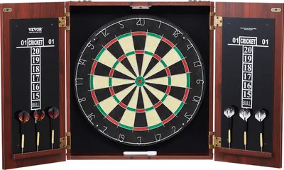 A dartboard and cabinet set is displayed open, showing the dartboard and scoreboards on the inside of the cabinet doors.