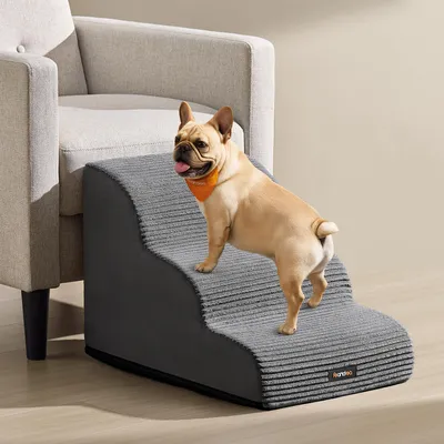 Produktbild von Feandrea Hundetreppe, 3 Stufen, Cord mit Querstreifen, Haustiertreppe, für Bett, Sofa, wasserdicht, rutschfest, geringe Neigung