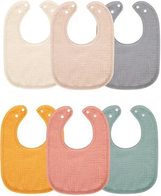Immagine prodotto di Bavaglini in cotone per neonati in vari colori, 6 pezzi, morbidi e assorbenti, ideali per l'allattamento, il ciuccio e la dentizione, con bottoni regolabili e design unisex.