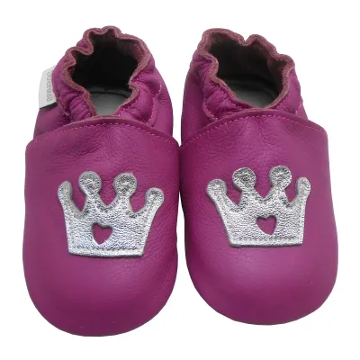 Produktbild von BEMUSE® Baby Krabbelschuhe aus Echtleder, weiche Lauflernschuhe für Mädchen & Jungen, rutschfeste Ledersohle, Lila, Kronenmotiv, Größe S (0–6 Monate)