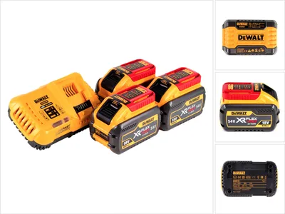 A DeWalt charger and three batteries are displayed against a white background.