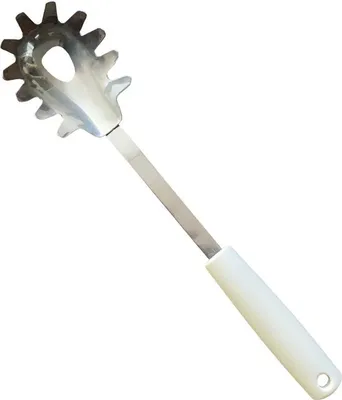 A stainless steel spaghetti server with a white handle, isolated on a white background.