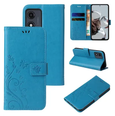 Produktbild von Handyhülle für Motorola Moto E13 Floral Blumen Schmetterling Flip Cover Hülle Case Klapphülle Handytasche Farbe: Blau