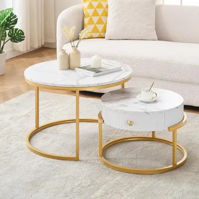 Produktbild von Couchtisch Beistelltisch Satztisch - Set von 2 - MDF - Weiß Marmoroptik - Ø 70 und 50 cm