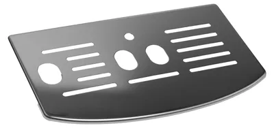 A silver-colored metal drip tray with several slots and holes.