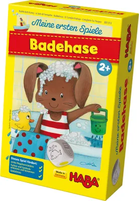 A product box for a children's board game featuring a cartoon bunny in a bathtub.