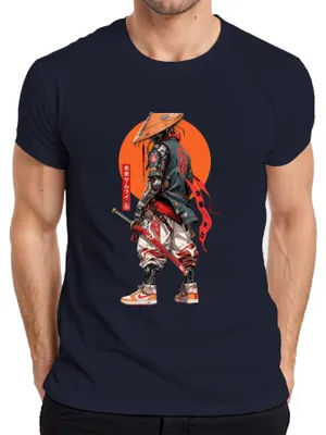 Immagine prodotto di T-shirt da uomo, blu navy, con stampa a tema "Samurai Cyborg", stile anime/manga, ispirato al periodo Y2K e al genere cyberpunk, taglia S
