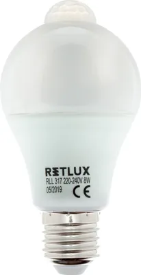 Obrázek produktu pro RETLUX RLL 317 LED žárovka se soumrakovým a pohybovým senzorem, klasický tvar 8 W, patice E27, 3000K - teplá bílá, životnost více než 30000h, světelný tok: 750 lm