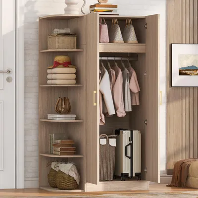 Produktbild von Flieks Zweitüriger Eckkleiderschrank mit Kleiderstange, Gaderobe Kleiderschrank mit offenen Regalen und Staufach, Gaderobenschrank 90x55x170 cm, Holz