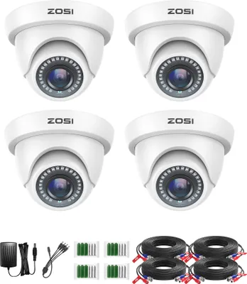 A set of four white ZOSI dome security cameras, along with their accessories, are displayed against a white background.