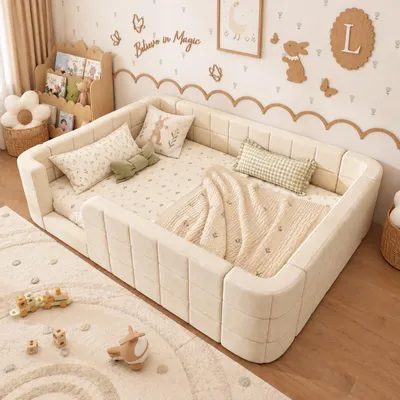 Productafbeelding van Babybed 140 x 190 cm, beige, met bekleding, beschermroede en lattenbodem