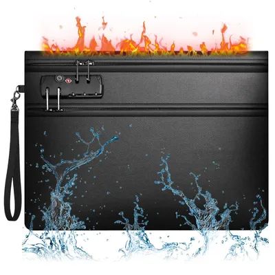 Productafbeelding van Waterdichte, brandwerende tas met slot, 12-laags, thermisch geïsoleerde, brandwerende documententas van 36x26 cm voor A4/A5-formaat, met rits. Brandwerende portemonnee voor contant geld, paspoort en waardevolle spullen (zwart)