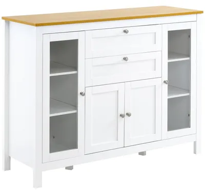 Immagine prodotto di Comò - Credenza - Armadio - Mobile contenitore - Mobile per il soggiorno - Bianco con finitura effetto legno - 2 ante in vetro