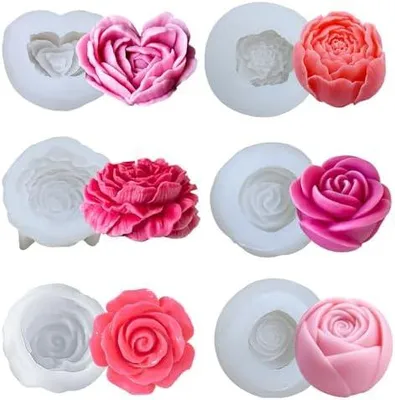 Produktbild von Kerzen-Silikon-Formen-Set, 6 Stück blume silikonform, 3D-Rosenblüte, Fondant, Silikonformen für Seife, Kerzen, Kuchen, Blumenformen für Schokolade, Süßigkeiten, Gebäck, Dessert