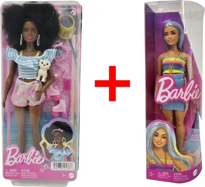 Produktbild von 2er-Set Barbie Puppen HPL77 Sport-Barbie mit Rollschuhen und HRH16 Modepuppe im Regenbogen-Top, Modepuppen, Sammelfiguren, Geschenk-Set