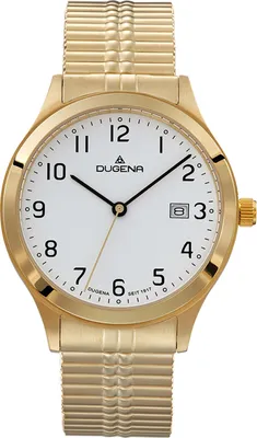 A close-up studio shot of a gold-colored wristwatch with a white face.