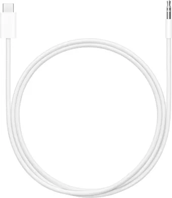 A white USB-C to 3.5mm audio adapter cable coiled on a white background.