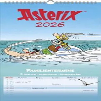 A calendar page featuring Asterix characters on a boat in the water, with a family planner section at the bottom.