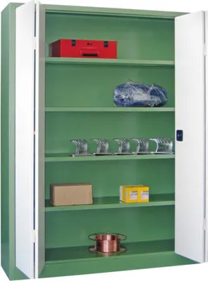 Produktbild von Falttürenschrank - 1.950x1.200x600 mm (HxBxT) - 4 Einlegeböden, pulverbeschichtet - Zylinderschloss - reinweiß/feuerrot